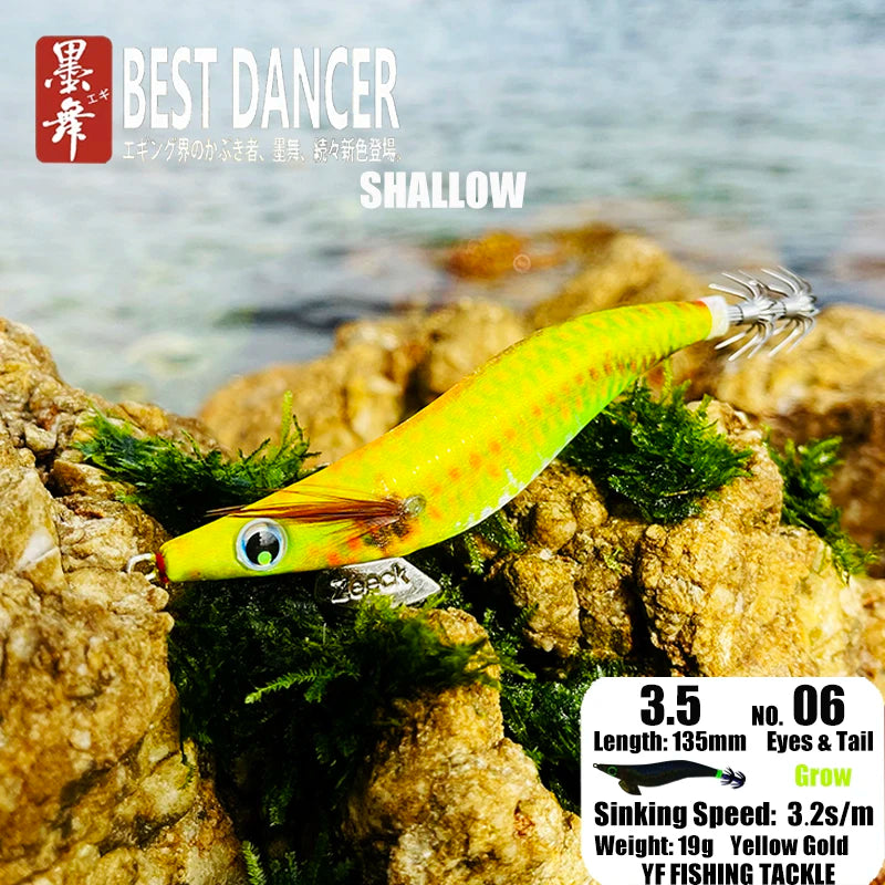FUKUSHIMA 3.5 Squid Jig EGI Lure Wood Shrimp Bait Glow Sound Sharp Hooks Silk Skin 19g Shallow Water Fishing Lure for Ocean