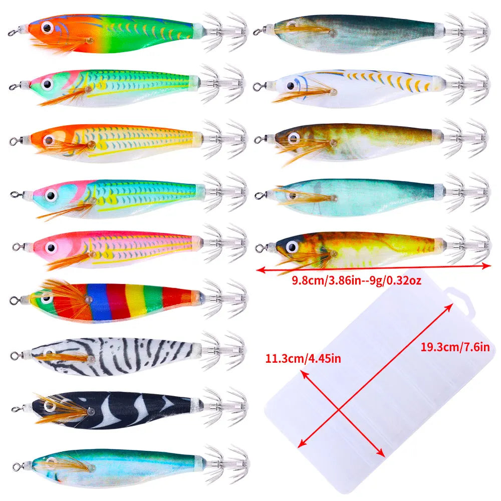 Luminous Squid Jig Fishing Lure 6.6g/12.5g/15.7g/21.6g Wood Shrimp Cuttlefish Jigs Lure for River Lake Ocean Beach Fishing