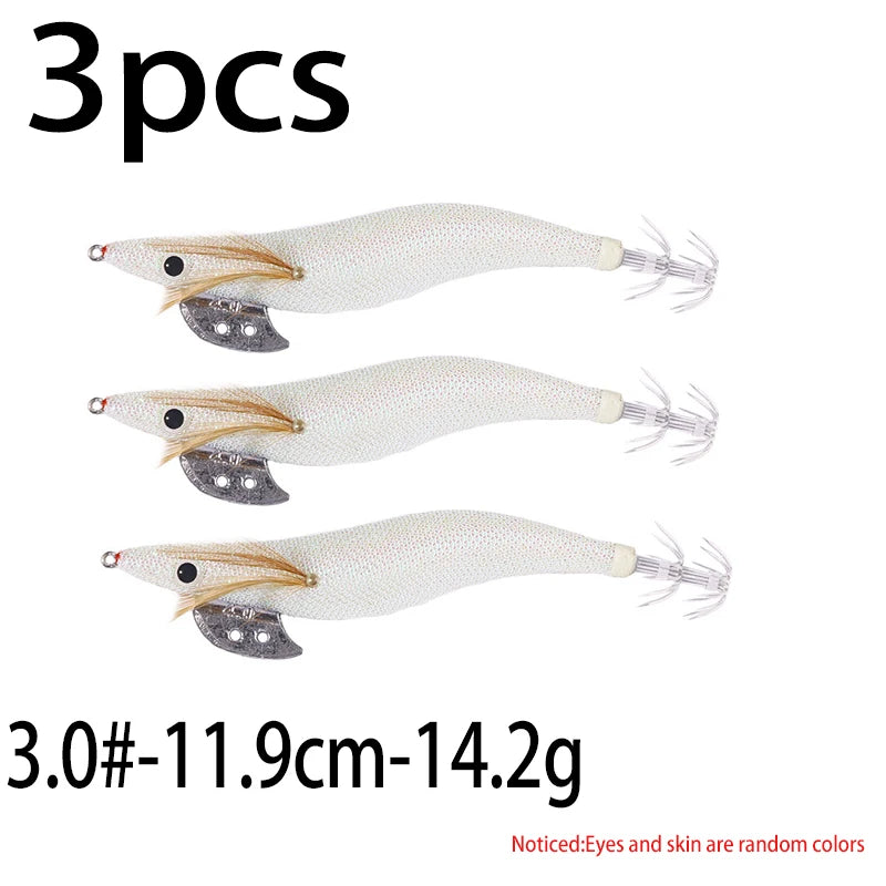 Luminous Squid Jig Fishing Lure 6.6g/12.5g/15.7g/21.6g Wood Shrimp Cuttlefish Jigs Lure for River Lake Ocean Beach Fishing