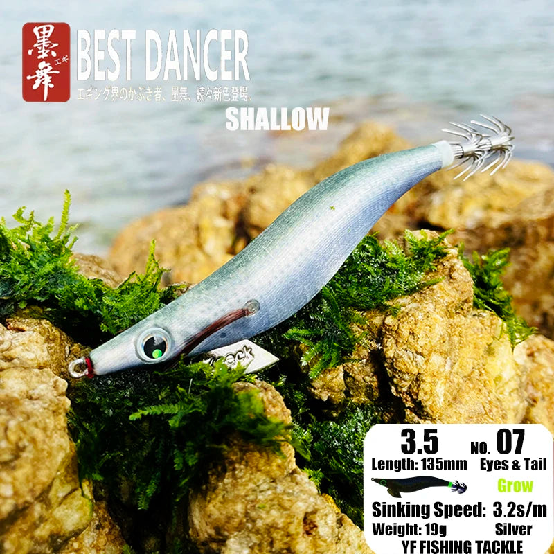 FUKUSHIMA 3.5 Squid Jig EGI Lure Wood Shrimp Bait Glow Sound Sharp Hooks Silk Skin 19g Shallow Water Fishing Lure for Ocean