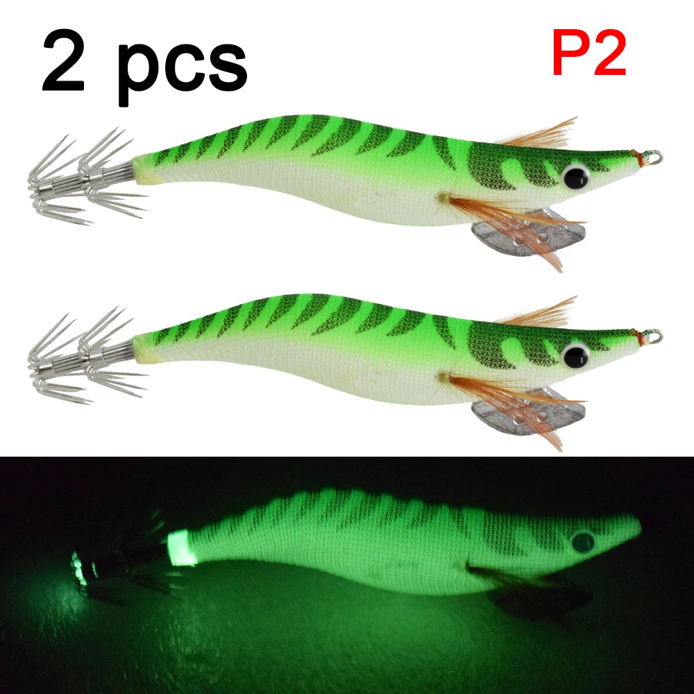 2 pcs Premium Wooden Fishing Lure Squid Jig Hook- Realistic Shrimp and Cuttlefish Design - Hard Bait for Saltwater and Freshwat