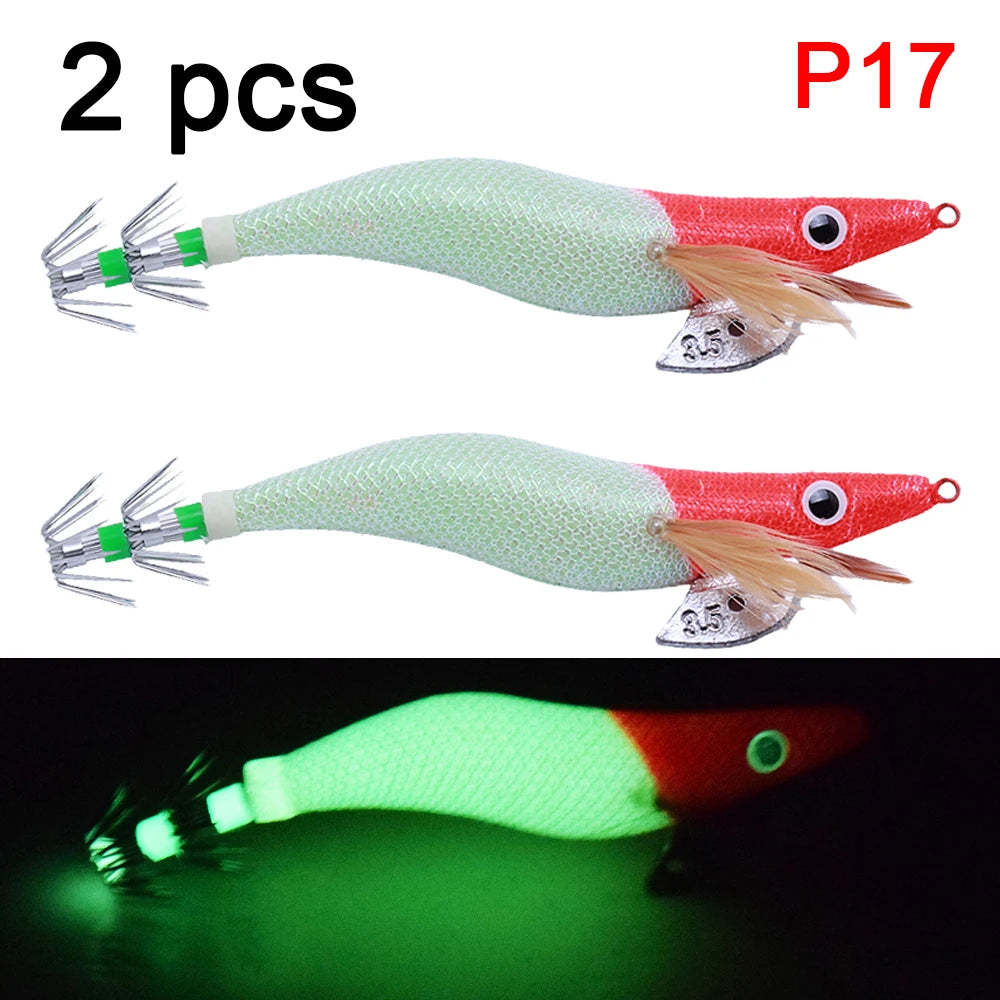 2 pcs Premium Wooden Fishing Lure Squid Jig Hook- Realistic Shrimp and Cuttlefish Design - Hard Bait for Saltwater and Freshwat