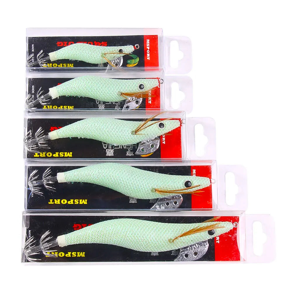 Luminous Squid Jig Fishing Lure 6.6g/12.5g/15.7g/21.6g Wood Shrimp Cuttlefish Jigs Lure for River Lake Ocean Beach Fishing