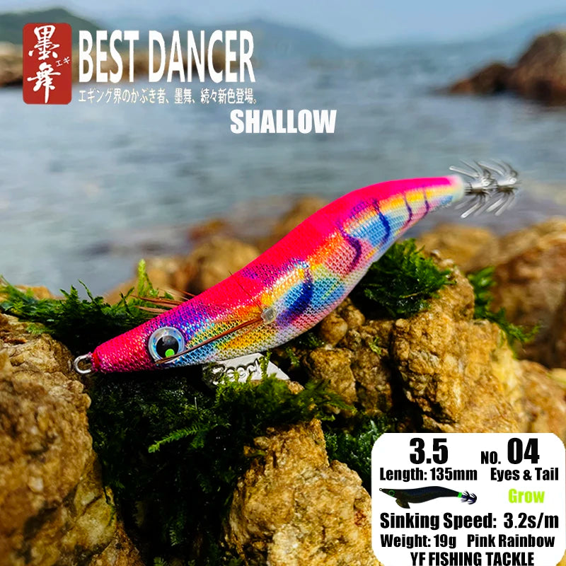 FUKUSHIMA 3.5 Squid Jig EGI Lure Wood Shrimp Bait Glow Sound Sharp Hooks Silk Skin 19g Shallow Water Fishing Lure for Ocean