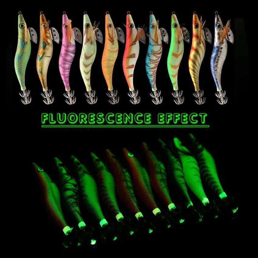 10PCS Luminous Squid Octopus Lure Wood Shrimp 3D Eyes Hard Bait Wobbler Squid Jig Fishing Lure with Bag for Ocean Beach River