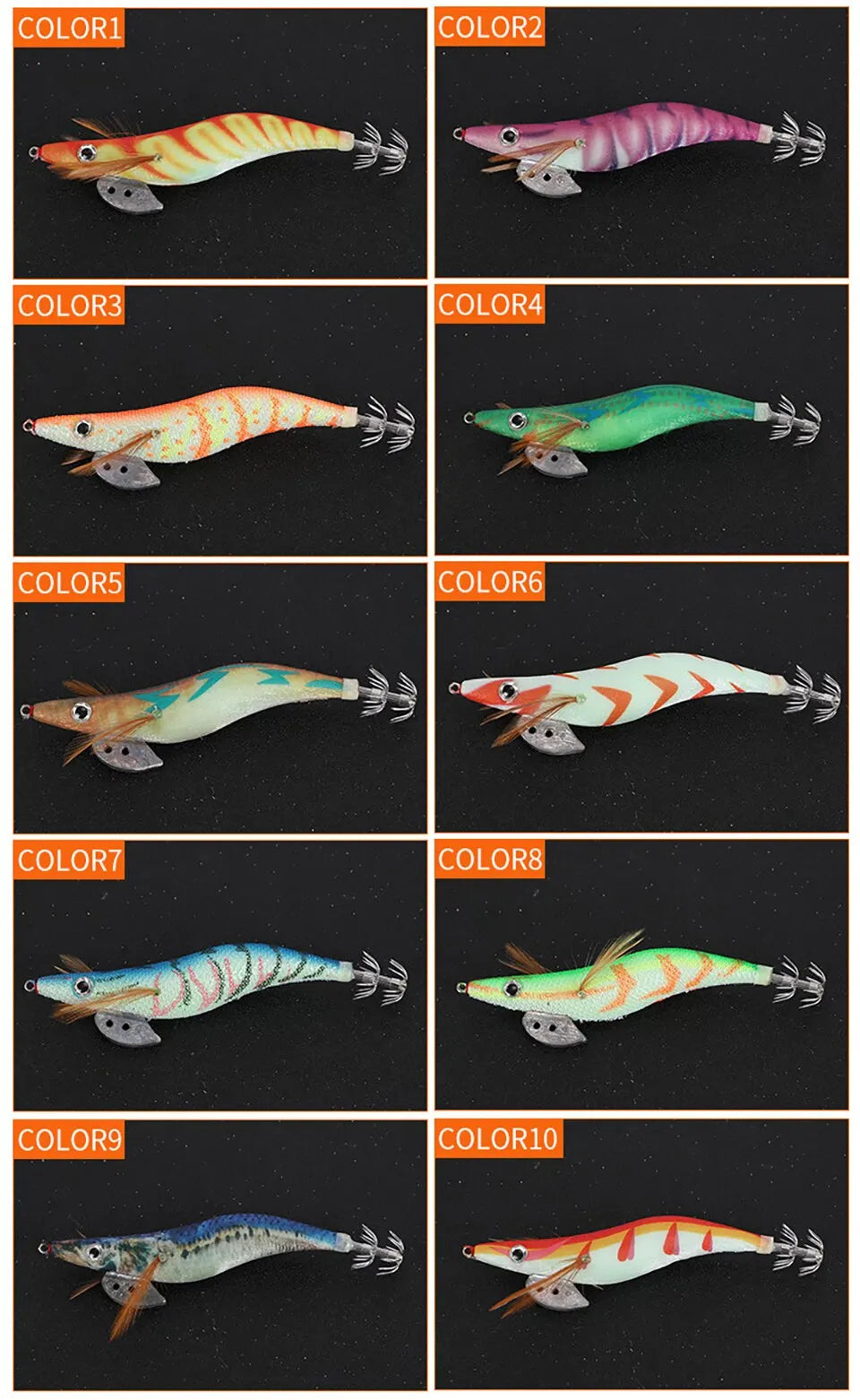 10PCS Luminous Squid Octopus Lure Wood Shrimp 3D Eyes Hard Bait Wobbler Squid Jig Fishing Lure with Bag for Ocean Beach River