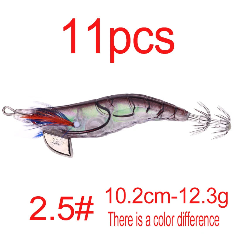 Luminous Squid Jig Fishing Lure 6.6g/12.5g/15.7g/21.6g Wood Shrimp Cuttlefish Jigs Lure for River Lake Ocean Beach Fishing