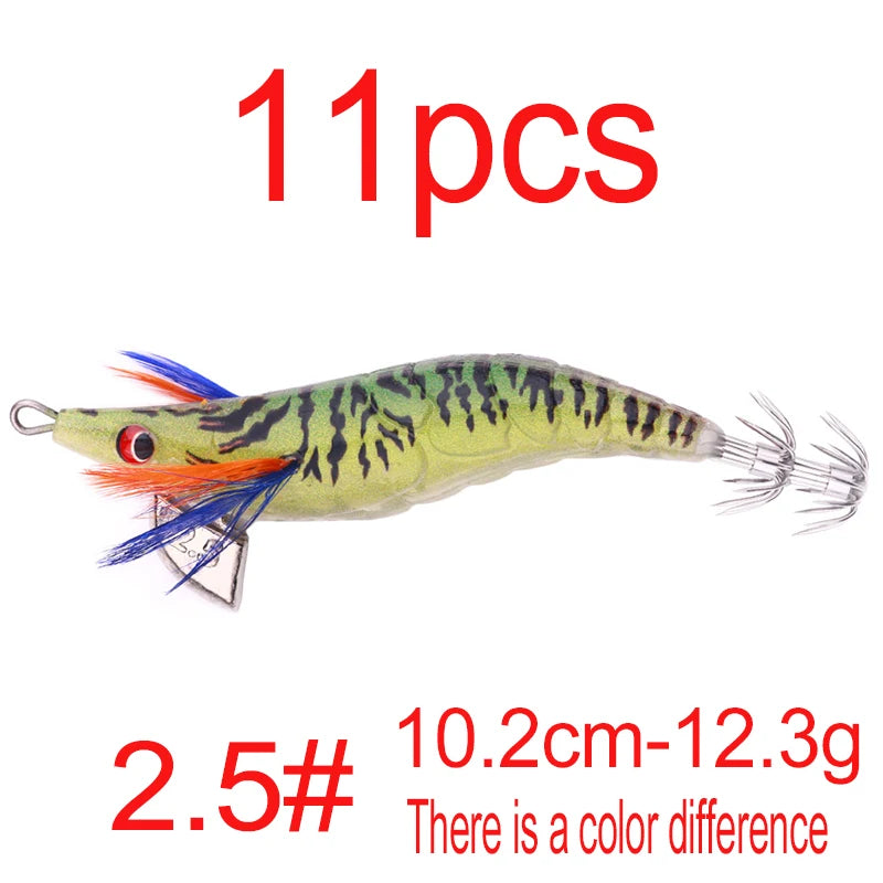 Luminous Squid Jig Fishing Lure 6.6g/12.5g/15.7g/21.6g Wood Shrimp Cuttlefish Jigs Lure for River Lake Ocean Beach Fishing