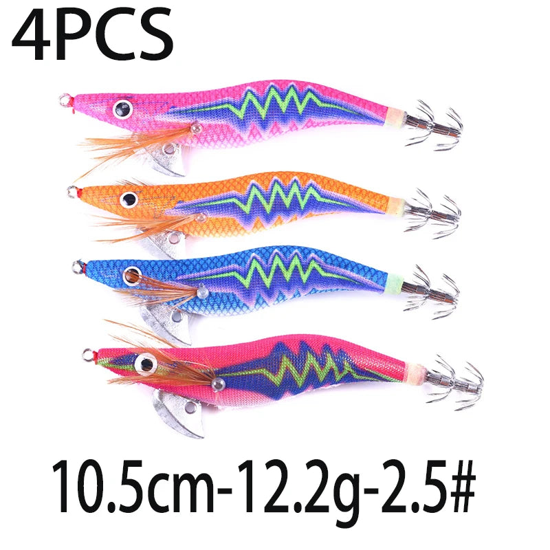 Luminous Squid Jig Fishing Lure 6.6g/12.5g/15.7g/21.6g Wood Shrimp Cuttlefish Jigs Lure for River Lake Ocean Beach Fishing
