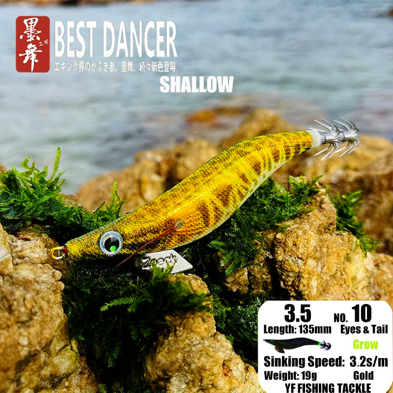 FUKUSHIMA 3.5 Squid Jig EGI Lure Wood Shrimp Bait Glow Sound Sharp Hooks Silk Skin 19g Shallow Water Fishing Lure for Ocean