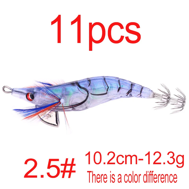 Luminous Squid Jig Fishing Lure 6.6g/12.5g/15.7g/21.6g Wood Shrimp Cuttlefish Jigs Lure for River Lake Ocean Beach Fishing
