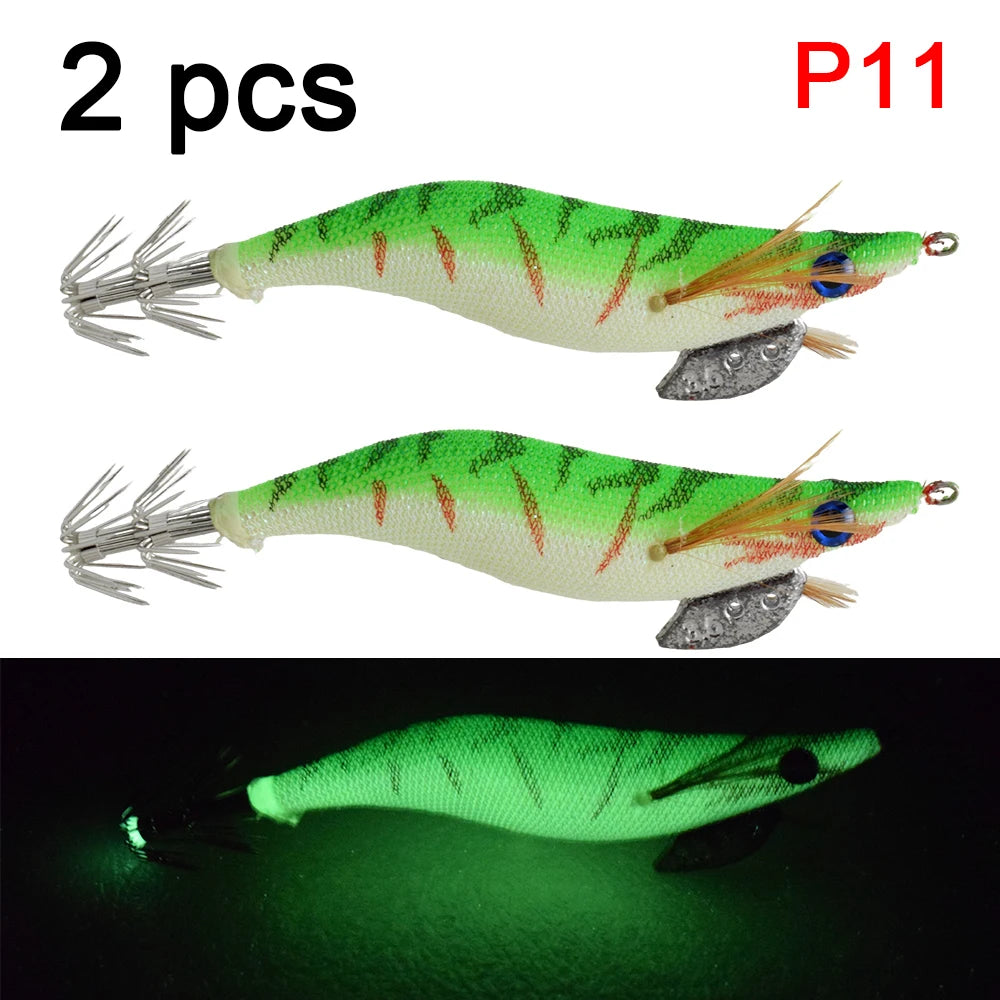 2 pcs Premium Wooden Fishing Lure Squid Jig Hook- Realistic Shrimp and Cuttlefish Design - Hard Bait for Saltwater and Freshwat