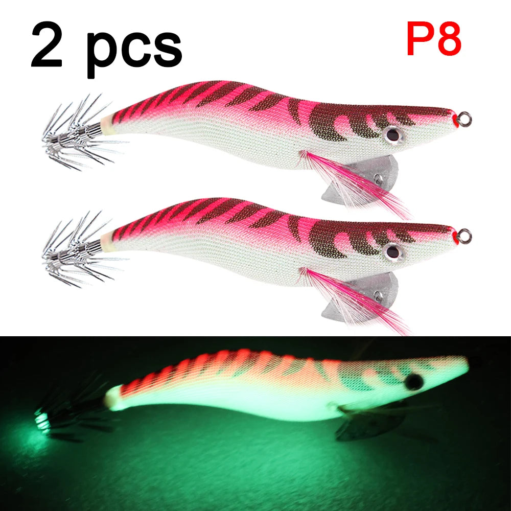 2 pcs Premium Wooden Fishing Lure Squid Jig Hook- Realistic Shrimp and Cuttlefish Design - Hard Bait for Saltwater and Freshwat