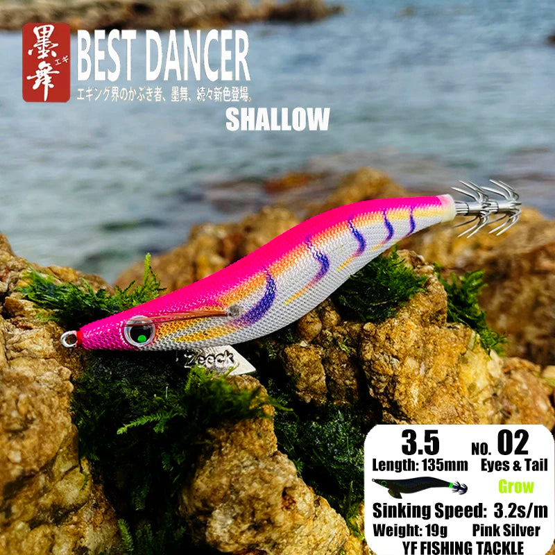 FUKUSHIMA 3.5 Squid Jig EGI Lure Wood Shrimp Bait Glow Sound Sharp Hooks Silk Skin 19g Shallow Water Fishing Lure for Ocean