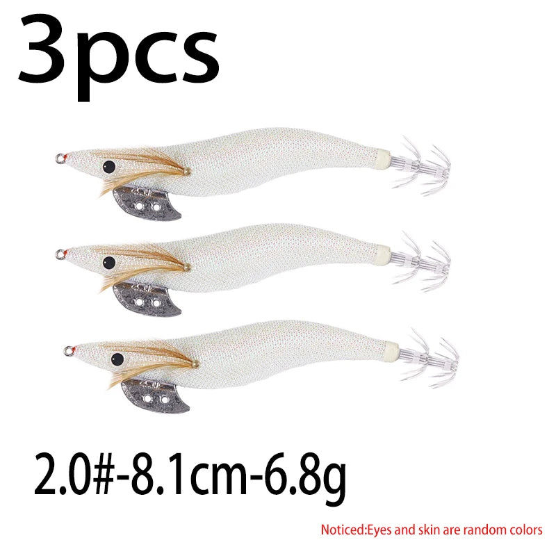 Luminous Squid Jig Fishing Lure 6.6g/12.5g/15.7g/21.6g Wood Shrimp Cuttlefish Jigs Lure for River Lake Ocean Beach Fishing