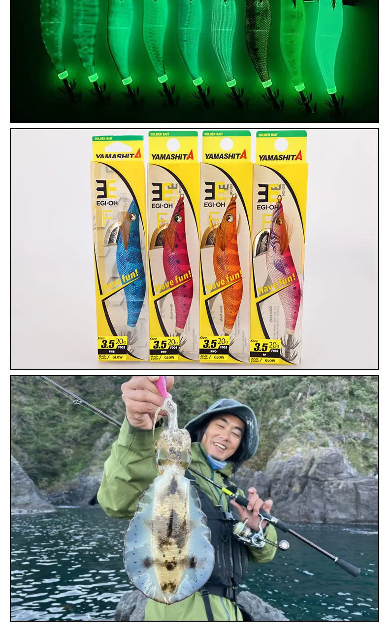 YAMASHITA NEW Japan Squid Hook Wood Shrimp Bait EGI-OH F Luminous Glow 20 Colors Ocean Beach Fishing Lure #2.0 to #3.5 Sizes 6.5g/10g/15g