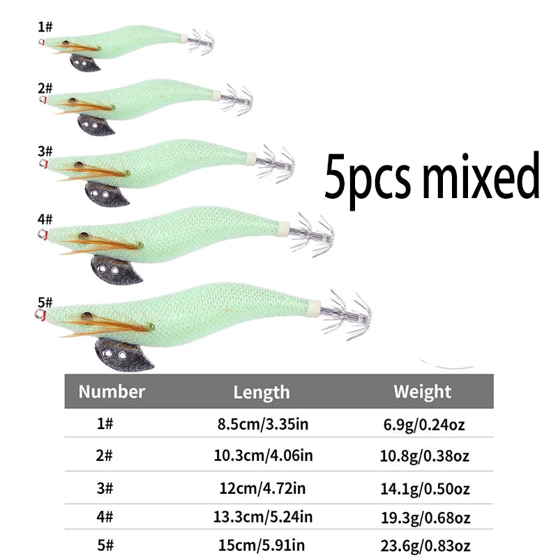 Luminous Squid Jig Fishing Lure 6.6g/12.5g/15.7g/21.6g Wood Shrimp Cuttlefish Jigs Lure for River Lake Ocean Beach Fishing