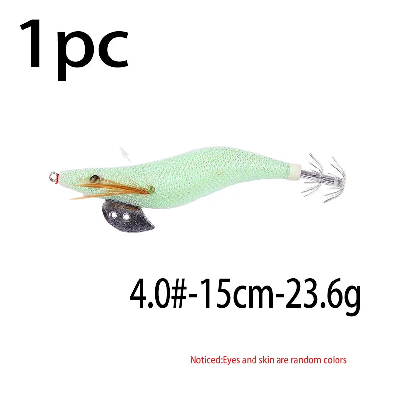 Luminous Squid Jig Fishing Lure 6.6g/12.5g/15.7g/21.6g Wood Shrimp Cuttlefish Jigs Lure for River Lake Ocean Beach Fishing