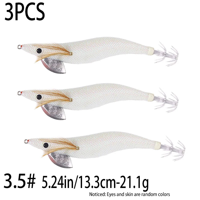 Luminous Squid Jig Fishing Lure 6.6g/12.5g/15.7g/21.6g Wood Shrimp Cuttlefish Jigs Lure for River Lake Ocean Beach Fishing