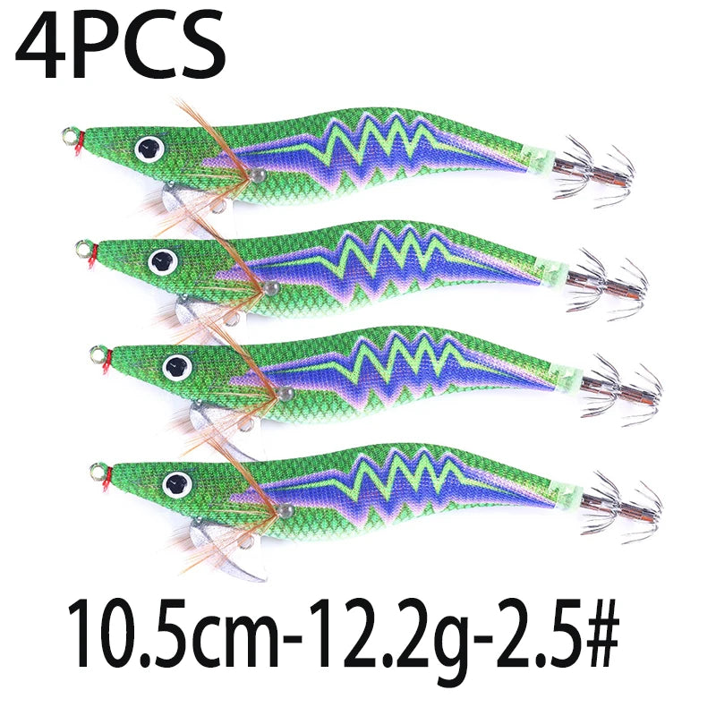 Luminous Squid Jig Fishing Lure 6.6g/12.5g/15.7g/21.6g Wood Shrimp Cuttlefish Jigs Lure for River Lake Ocean Beach Fishing