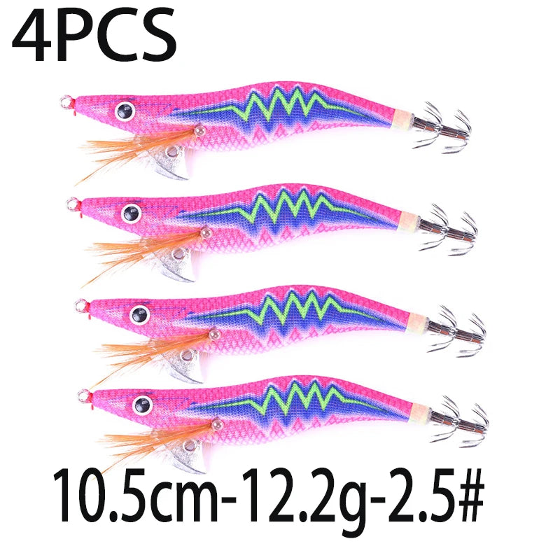 Luminous Squid Jig Fishing Lure 6.6g/12.5g/15.7g/21.6g Wood Shrimp Cuttlefish Jigs Lure for River Lake Ocean Beach Fishing