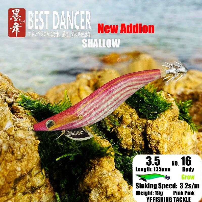 FUKUSHIMA 3.5 Squid Jig EGI Lure Wood Shrimp Bait Glow Sound Sharp Hooks Silk Skin 19g Shallow Water Fishing Lure for Ocean