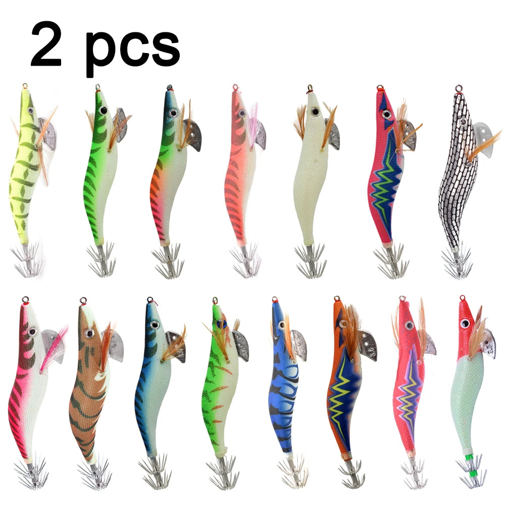 2 pcs Premium Wooden Fishing Lure Squid Jig Hook- Realistic Shrimp and Cuttlefish Design - Hard Bait for Saltwater and Freshwat