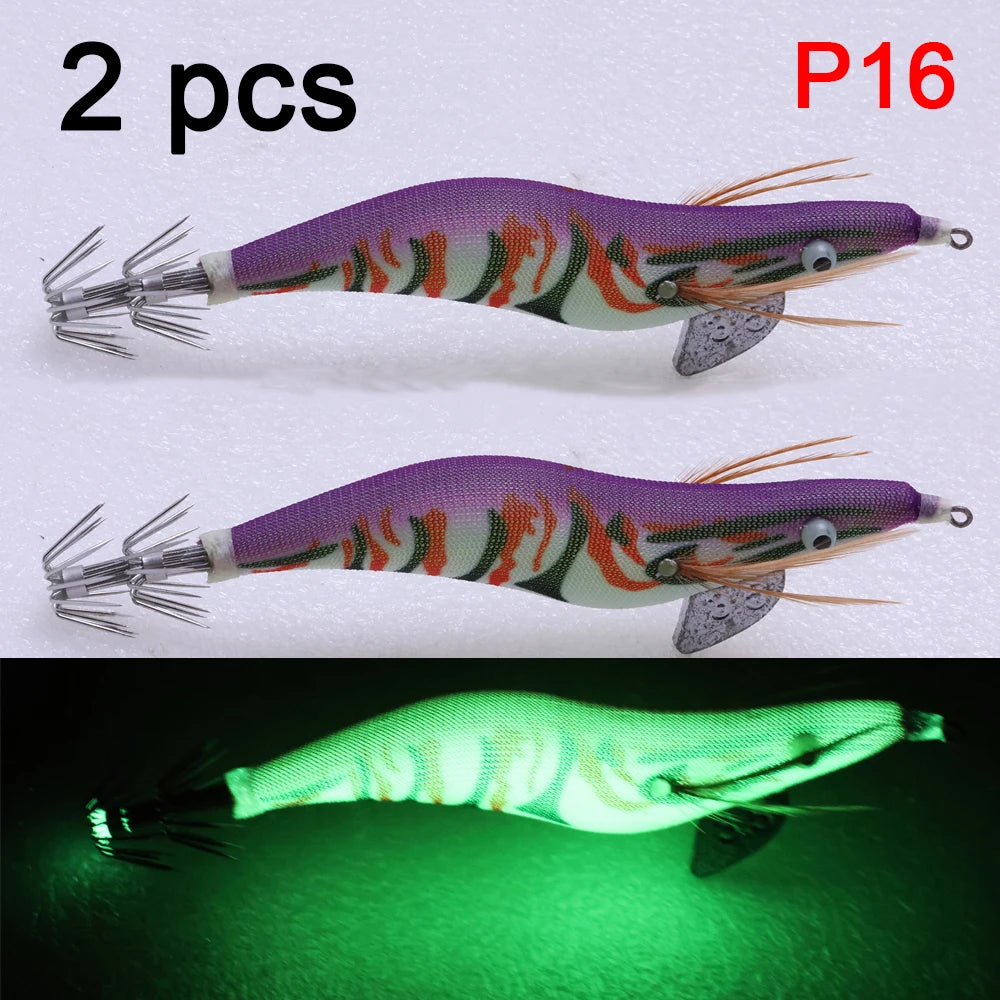2 pcs Premium Wooden Fishing Lure Squid Jig Hook- Realistic Shrimp and Cuttlefish Design - Hard Bait for Saltwater and Freshwat