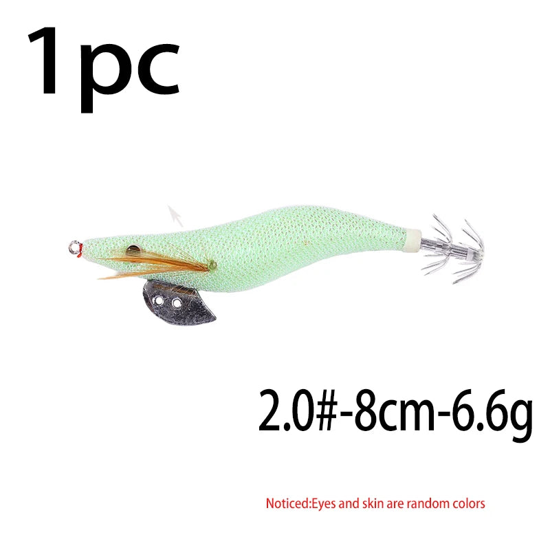 Luminous Squid Jig Fishing Lure 6.6g/12.5g/15.7g/21.6g Wood Shrimp Cuttlefish Jigs Lure for River Lake Ocean Beach Fishing