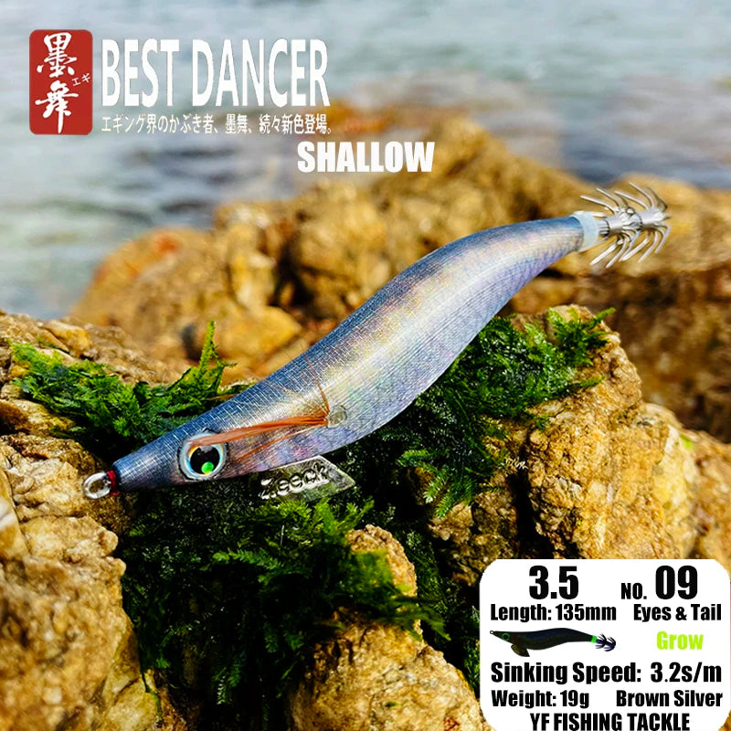 FUKUSHIMA 3.5 Squid Jig EGI Lure Wood Shrimp Bait Glow Sound Sharp Hooks Silk Skin 19g Shallow Water Fishing Lure for Ocean