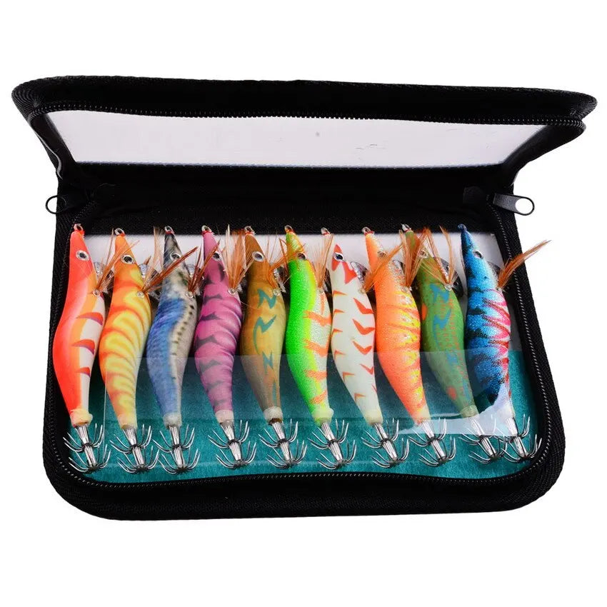10PCS Luminous Squid Octopus Lure Wood Shrimp 3D Eyes Hard Bait Wobbler Squid Jig Fishing Lure with Bag for Ocean Beach River