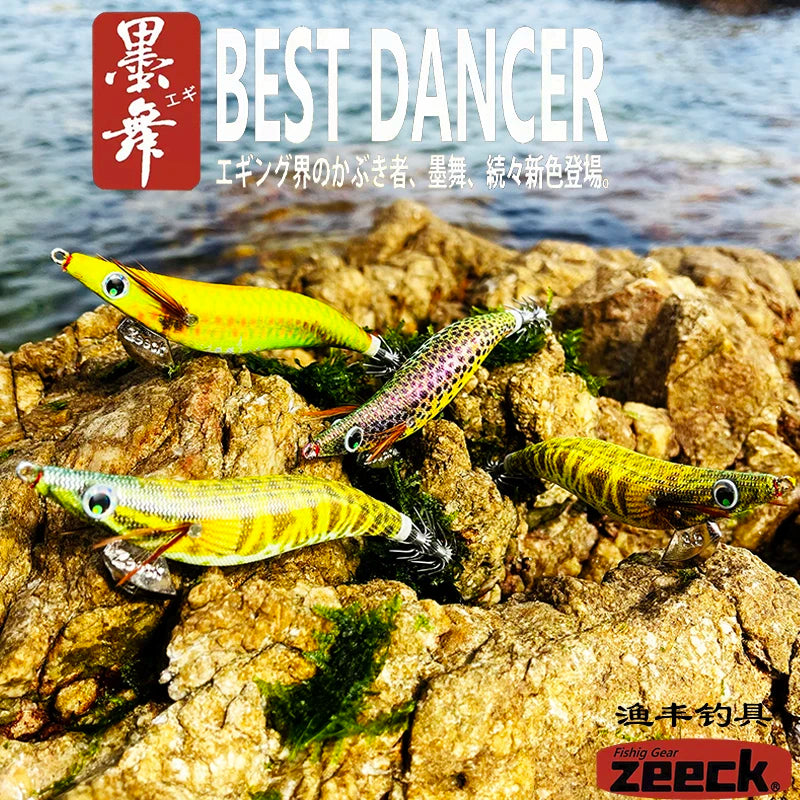 FUKUSHIMA 3.5 Squid Jig EGI Lure Wood Shrimp Bait Glow Sound Sharp Hooks Silk Skin 19g Shallow Water Fishing Lure for Ocean