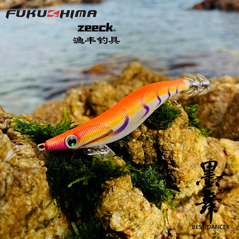 FUKUSHIMA 3.5 Squid Jig EGI Lure Wood Shrimp Bait Glow Sound Sharp Hooks Silk Skin 19g Shallow Water Fishing Lure for Ocean