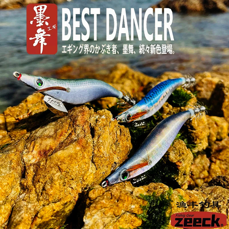FUKUSHIMA 3.5 Squid Jig EGI Lure Wood Shrimp Bait Glow Sound Sharp Hooks Silk Skin 19g Shallow Water Fishing Lure for Ocean