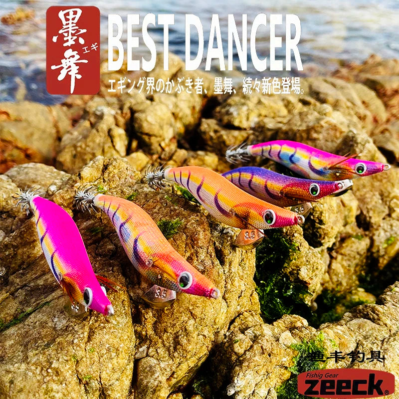 FUKUSHIMA 3.5 Squid Jig EGI Lure Wood Shrimp Bait Glow Sound Sharp Hooks Silk Skin 19g Shallow Water Fishing Lure for Ocean